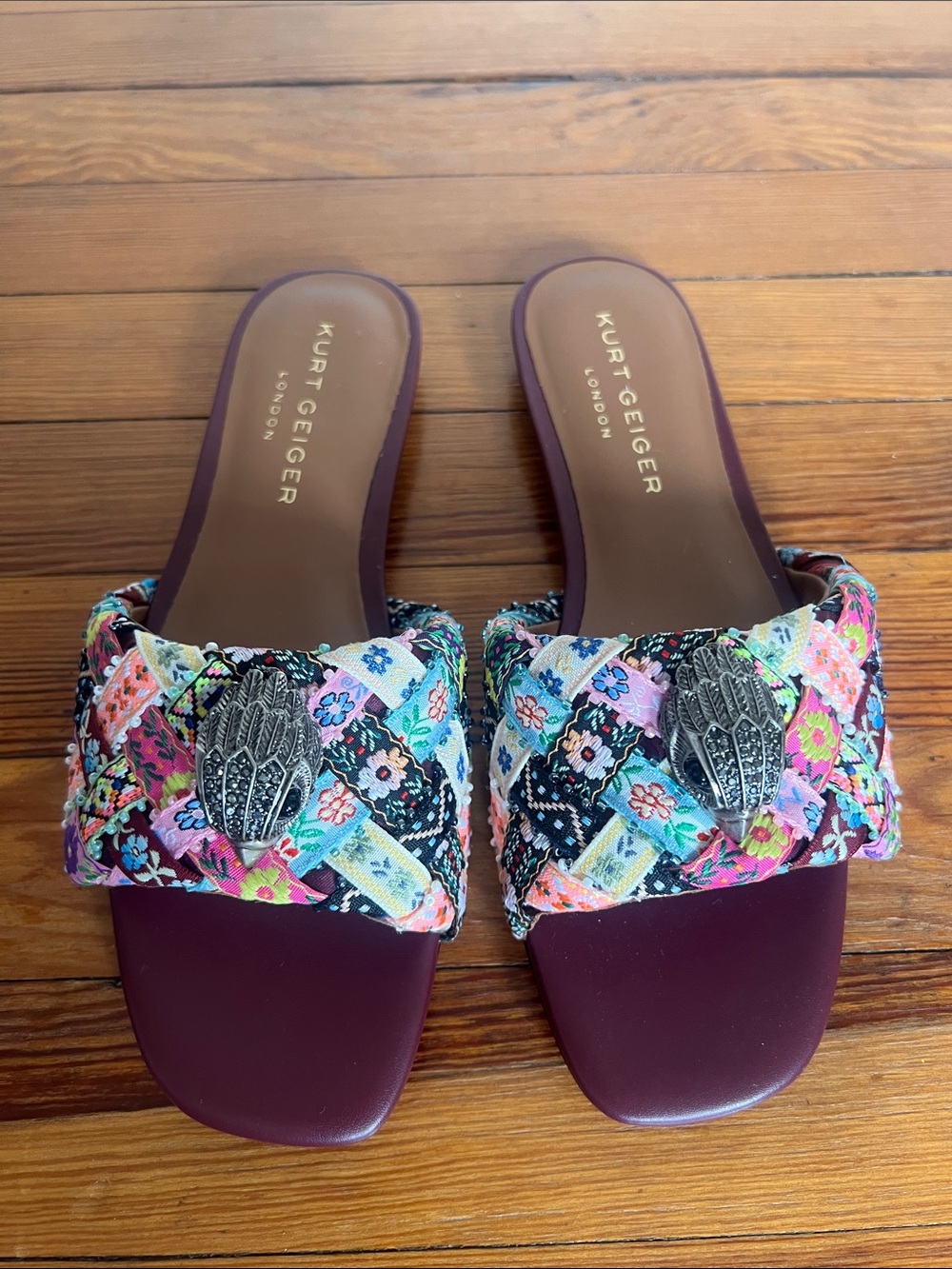 Kurt Geiger London Woven Floral Eagle Head Slide Sandals - Size 39 Multi Color